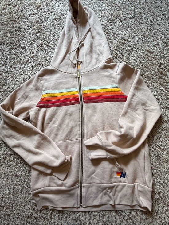 Aviator Nation Tops - Aviator Nation Beige Zip-Up Hoodie with Retro Rainbow Stripe